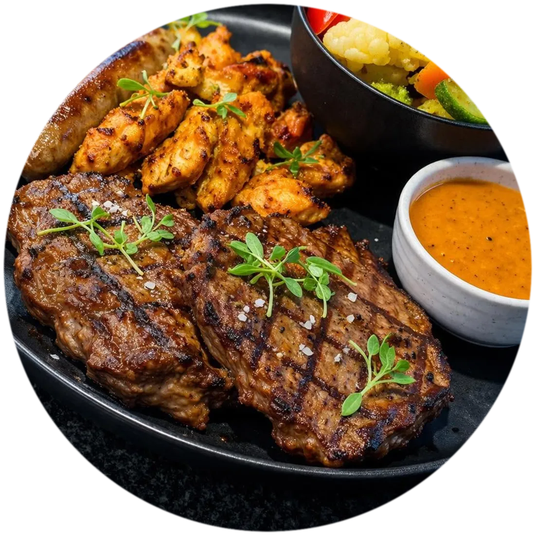 Mixed grill of steak, chicken and sausage with roasted vegetables