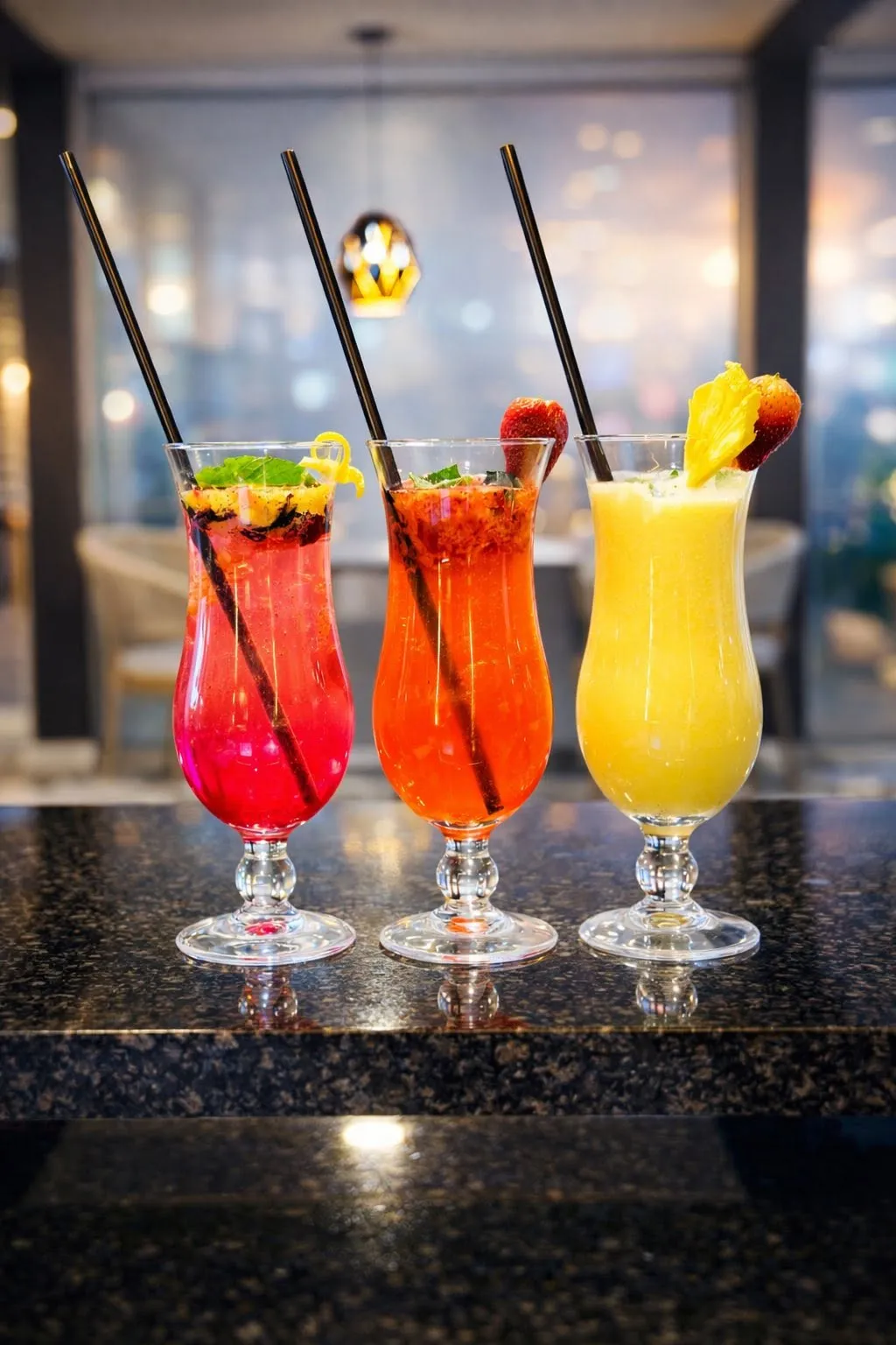 Three layered cocktails on the bar counter under warm light